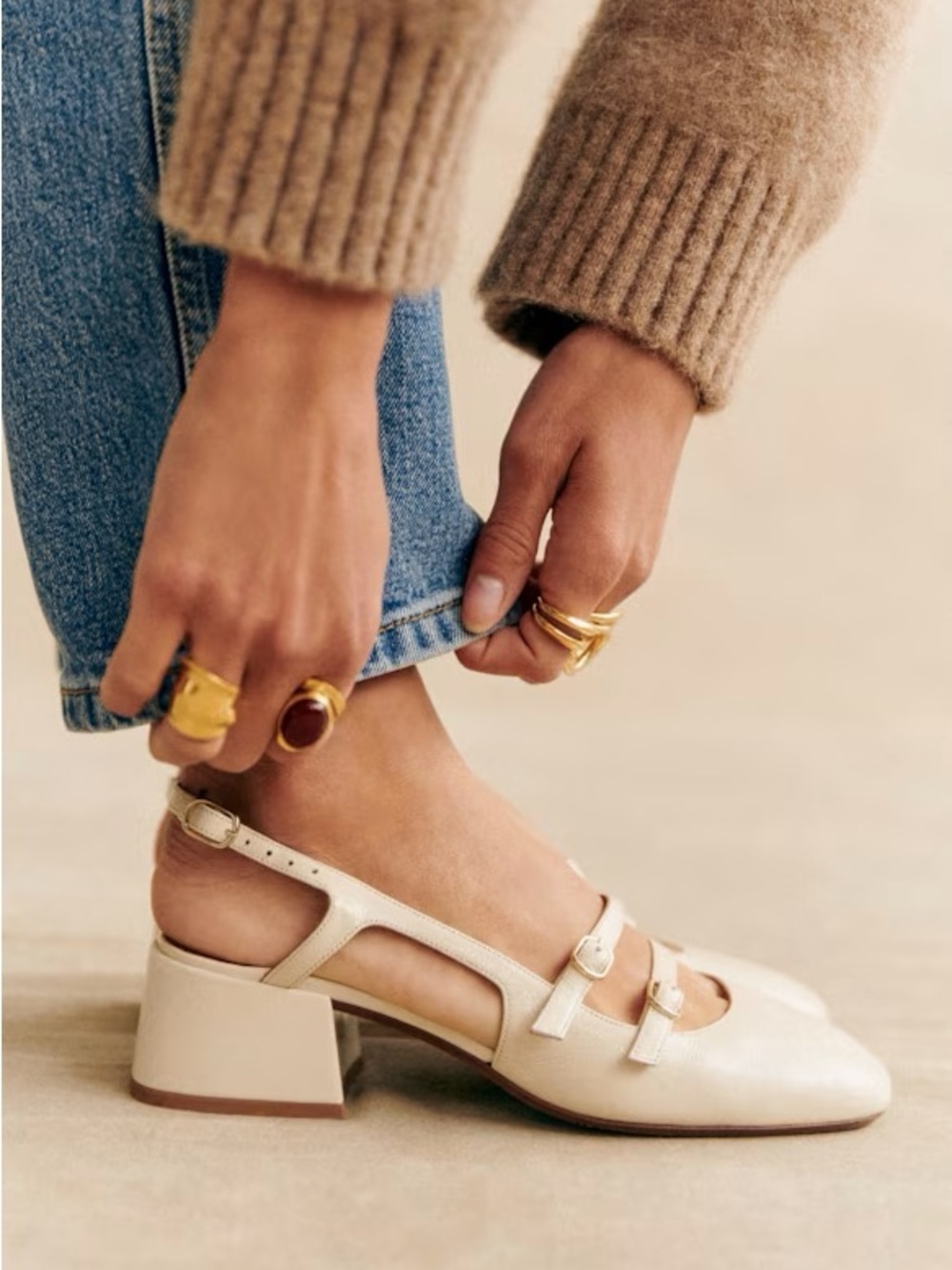 Sezane Paula Babies white Slingback Low Block Heel Mary Jane Shoes